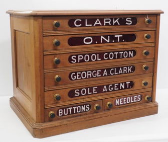 Clark's spool cabinet with 7 glass-front, dovetailed drawers, 29.5"x19"x22.5"H