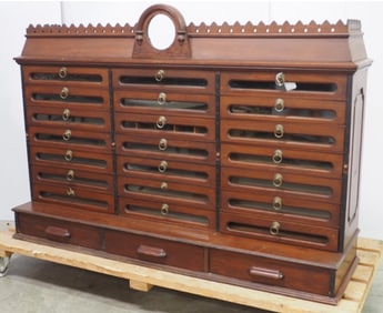 Unusual wooden country store spool cabinet with 24 drawers with matching pulls, 65"x18"x44"H