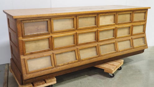 18-drawer oak country store seed counter, 90"xW x 30"D x 34"H
