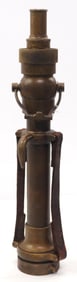 Brass fire nozzle with leather handles, by the The Eastern Coupling Co., Camden, ME, marked A.T. Co.