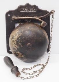 Wall-mount cast iron bell with hand pull embossed WALL on front, 7.5"dia. bell