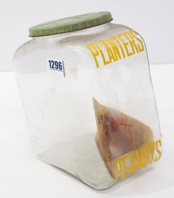 Countertop glass Planters Peanuts jar with tin lid, a Streamline Jar, 10"H