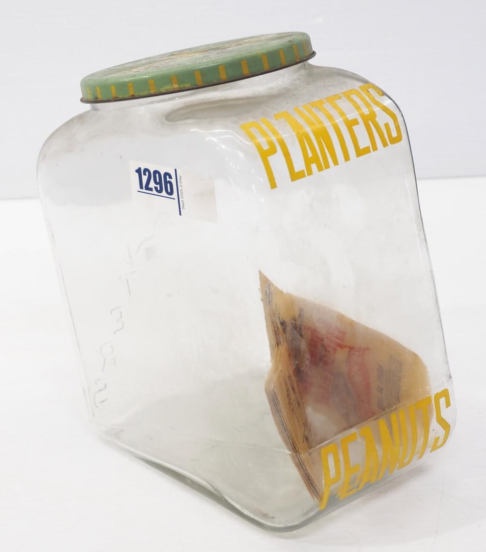 Countertop glass Planters Peanuts jar with tin lid, a Streamline Jar, 10"H (1 of 2)