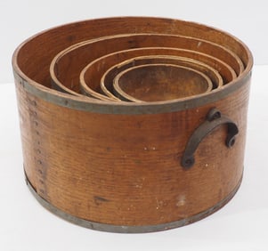 Set of early wooden grain measures, 2 marked "Frye"