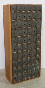 60-space post office mailbox section with brass doors with locks removed, 12.5"x23"x51.5"H