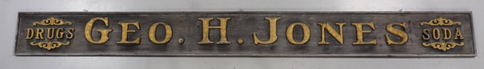 14'x17" wooden Geo. H. Jones, Drugs, Soda self-framed sign, WOW!