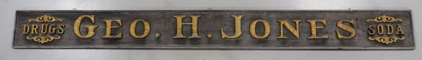 14'x17" wooden Geo. H. Jones, Drugs, Soda self-framed sign, WOW! (1 of 6)