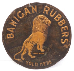 12.5"dia. SST embossed Banigan Rubbers Sold Here sign with embossed lion graphic