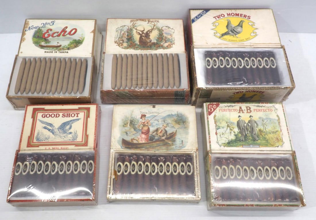 (6) Cigar boxes with great graphics and color: A.B. Perfecto / Royal Beauties / Two Homers / Hunters (1 of 4)