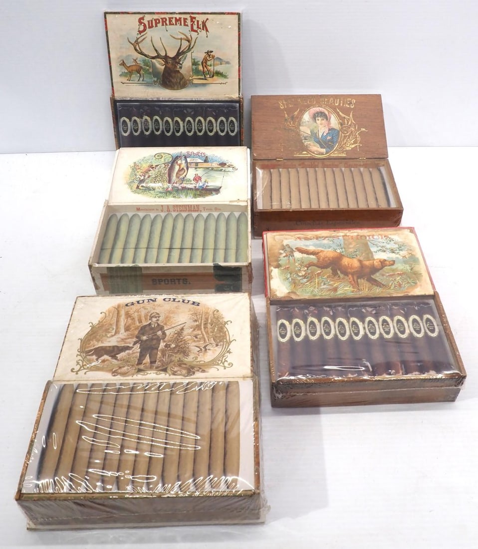 (5) Cigar boxes with great graphics and color: Supreme Elk / Antz's Choice / Speckled Beauties / Gun: (5) Cigar boxes with great graphics and color: Supreme Elk / Antz's Choice / Speckled Beauties / Gun Club / Sports