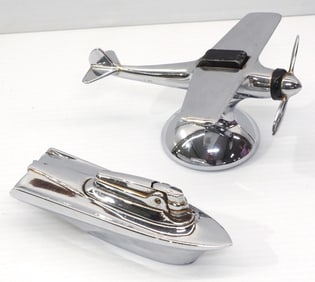 (2) Chrome-plated table lighters: Ronson "Futura Boat" / Hamilton Airplane