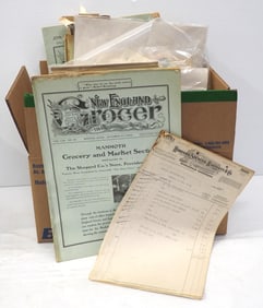 Lot of early 1900's New England Grocer magazines, paper invoices & receipts, etc!