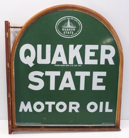 26"x29" DST Quaker State Motor Oil tombstone sign in metal frame, sign marked MCA 1-74