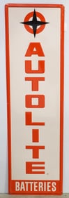 NOS 18"x60" SST self-framed, embossed AutoLite Batteries sign, marked MCA 2657