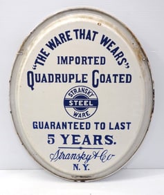 19.5"x24" porcelain advertising tray for Stransky Steel Ware, Quadruple Coat