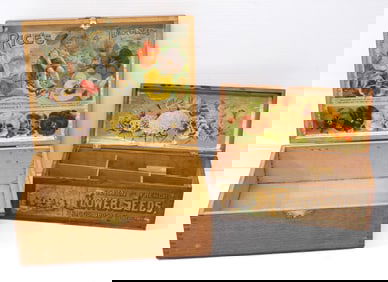 (2) Wooden flower seed boxes with advertising: German and French / Rice's