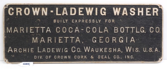 32"x12" metal sign for the Crown-Ladewig Washer Built Expressly For Marietta Coca-Cola Bottlg. Co.
