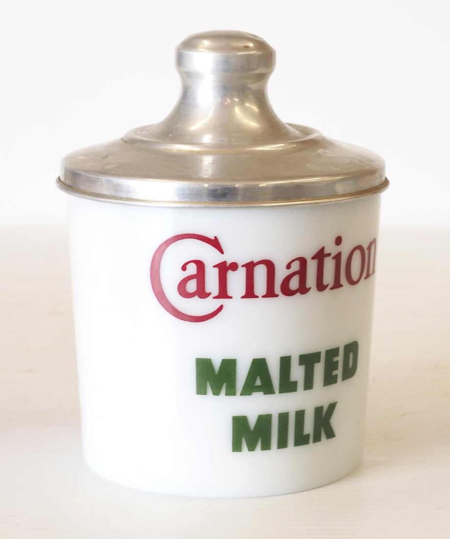 Carnation Malted Milk countertop jar: Carnation Malted Milk countertop jar with tin lid, 7"dia x 9"H - Very Good, no chips