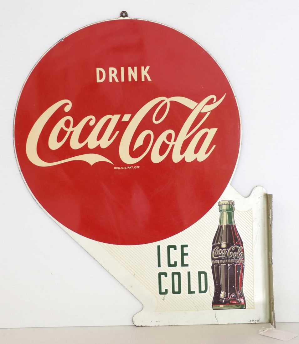 Drink Coca Cola Ice Cold sign: 18"x22" DST flanged Drink Coca Cola Ice Cold sign, marked A-M 4-51 - Good