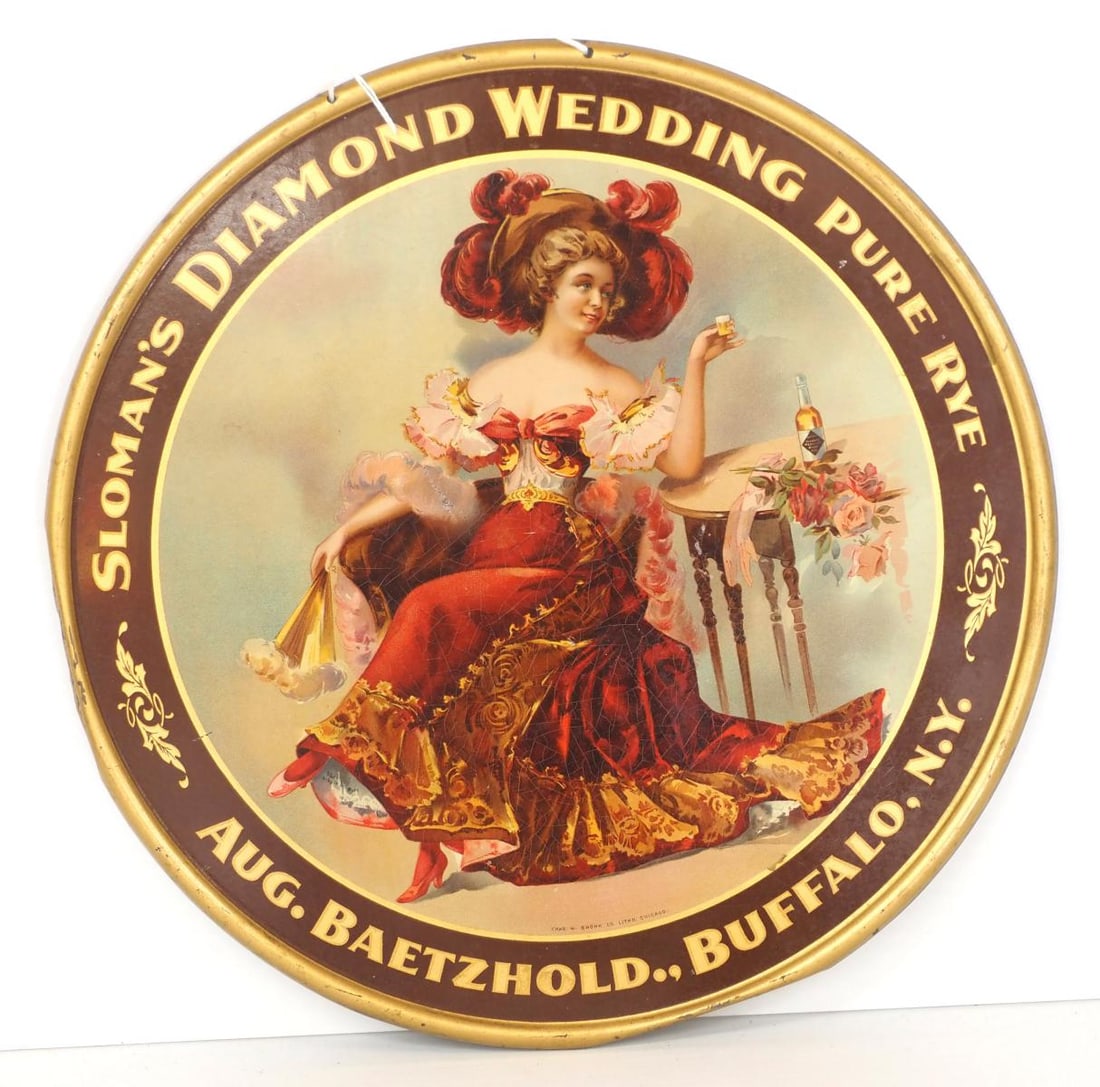 Sloman's Diamond Wedding Pure Rye sign: 12"dia. SST Sloman's Diamond Wedding Pure Rye sign, marked Chas. W. Shonk Litho Co. Chicago - Good, small bend in bottom edge