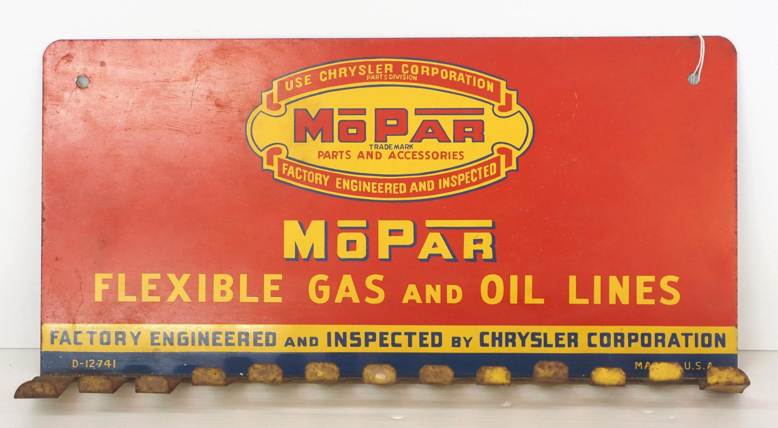 Mopar wall-mount display rack: 16.25"x8" SST Mopar Flexible Gas and Oil Lines wall-mount display rack, marked D-12741 - Good