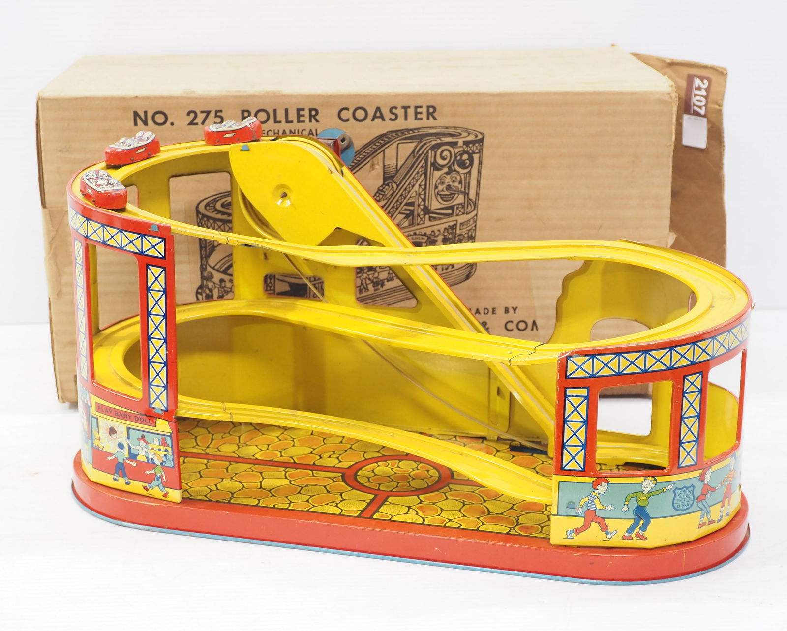 J. Chein Roller Coaster No.275 wind-up: J. Chein Roller Coaster No.275 tin litho wind-up with 3 cars and original cardboard box - Very Good