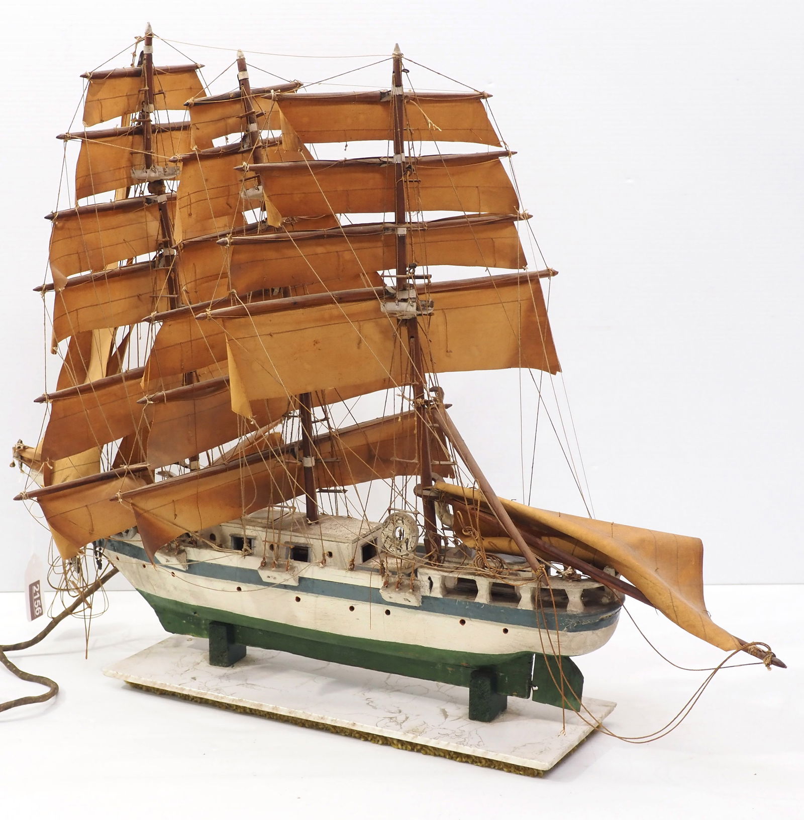 Wooden model sailing ship: Wooden model sailing ship with detailed rigging and sails, life preserver marked USA 1949, somehow electrified! 32"L x 24"H - Fair but needs much cleaning and some repair