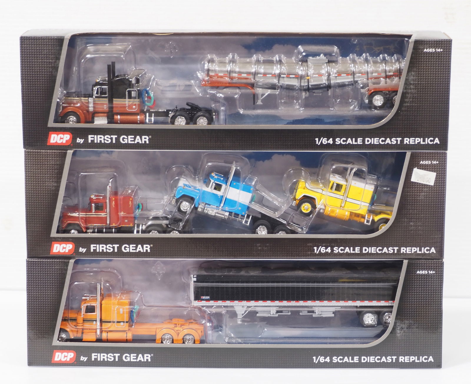 (3) First Gear trucks: (3) First Gear DCP 1/64 scale trucks: Grain Hauler / Tanker / (3) Tractors - all NIB