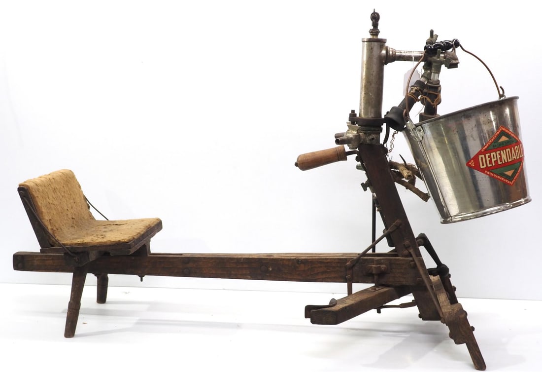 Early pedal milk machine: Early pedal milk machine marked Wm. M. Mehrings Milker, 48"L * * White Glove Delivery available, please contact the auction house for details and a quote.