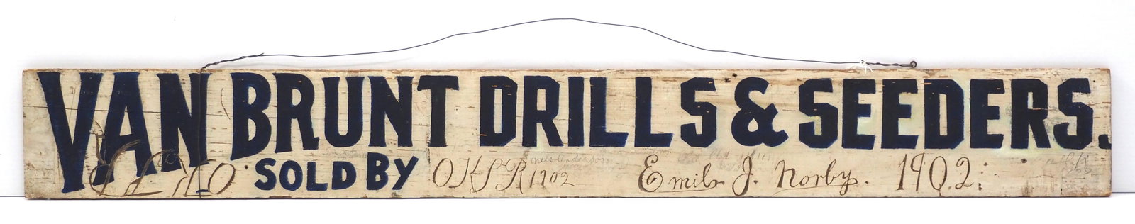 Van Brunt Drills & Seeders dealer sign: 48"x5.5" SSW Van Brunt Drills & Seeders dealer sign for Emil J. Norby 1902 - Good