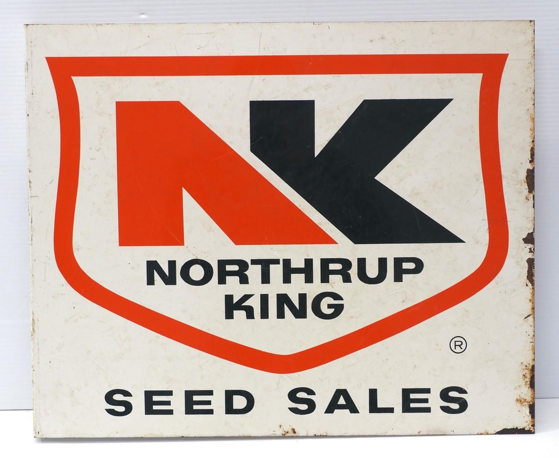 Northrup King Seed Sales sign: 22"x18" DST flanged Northrup King Seed Sales sign, marked Press Sign Co. 1-82 - Fair