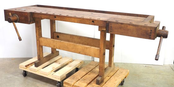 Large wooden work bench with (2) vises