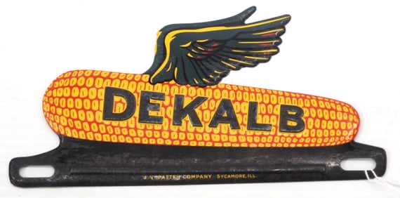 DeKalb embossed tin license plate topper