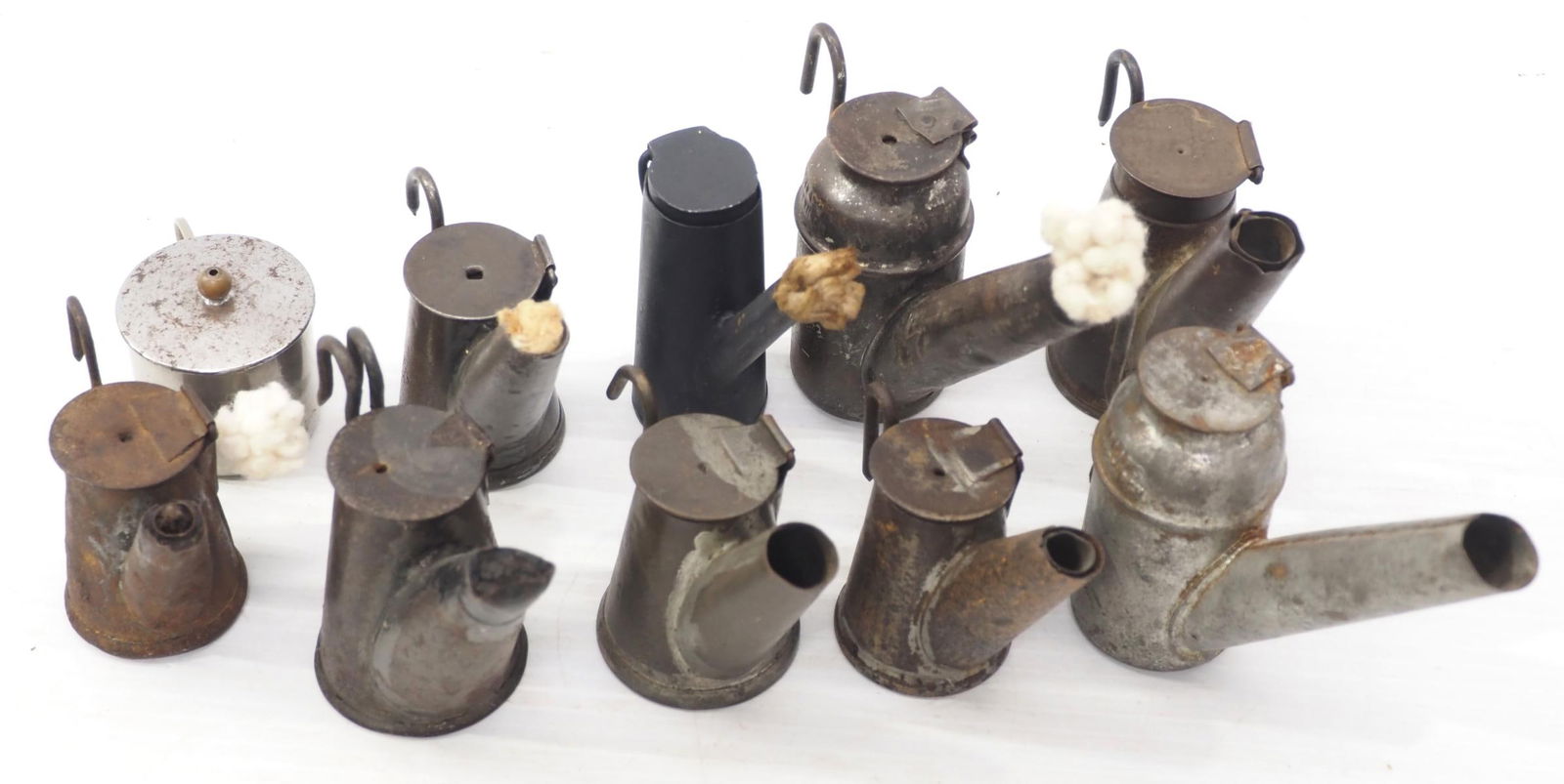 (10) Miner's lamps of different styles: (10) Miner's lamps of different styles, 2 marked Dunlap's Pittsburg, 1 marked CHI RRY
