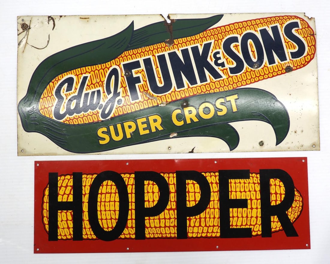 (2) Seed corn signs: (2) Seed corn signs: 18"x6" DST Hopper / 20"x9.5" SST Edw.J. Funk & Sons Super Crost