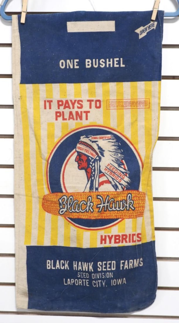 Black Hawk Hybrids cloth seed bag: Black Hawk Hybrids cloth seed bag with Indian graphic, from Laporte City, IA