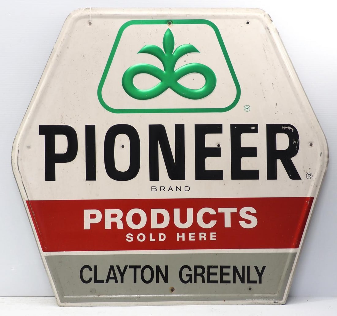 Pioneer Products Sold Here sign: 36"x33.5" SSA embossed Pioneer Products Sold Here sign for Clayton Greenly - Good