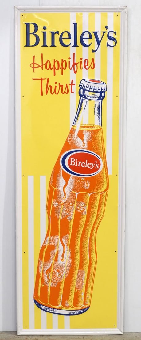 Birely's orange drink sign: 18"x54" SST embossed Birely's orange drink self-framed sign, marked Stout 60-1 - Great