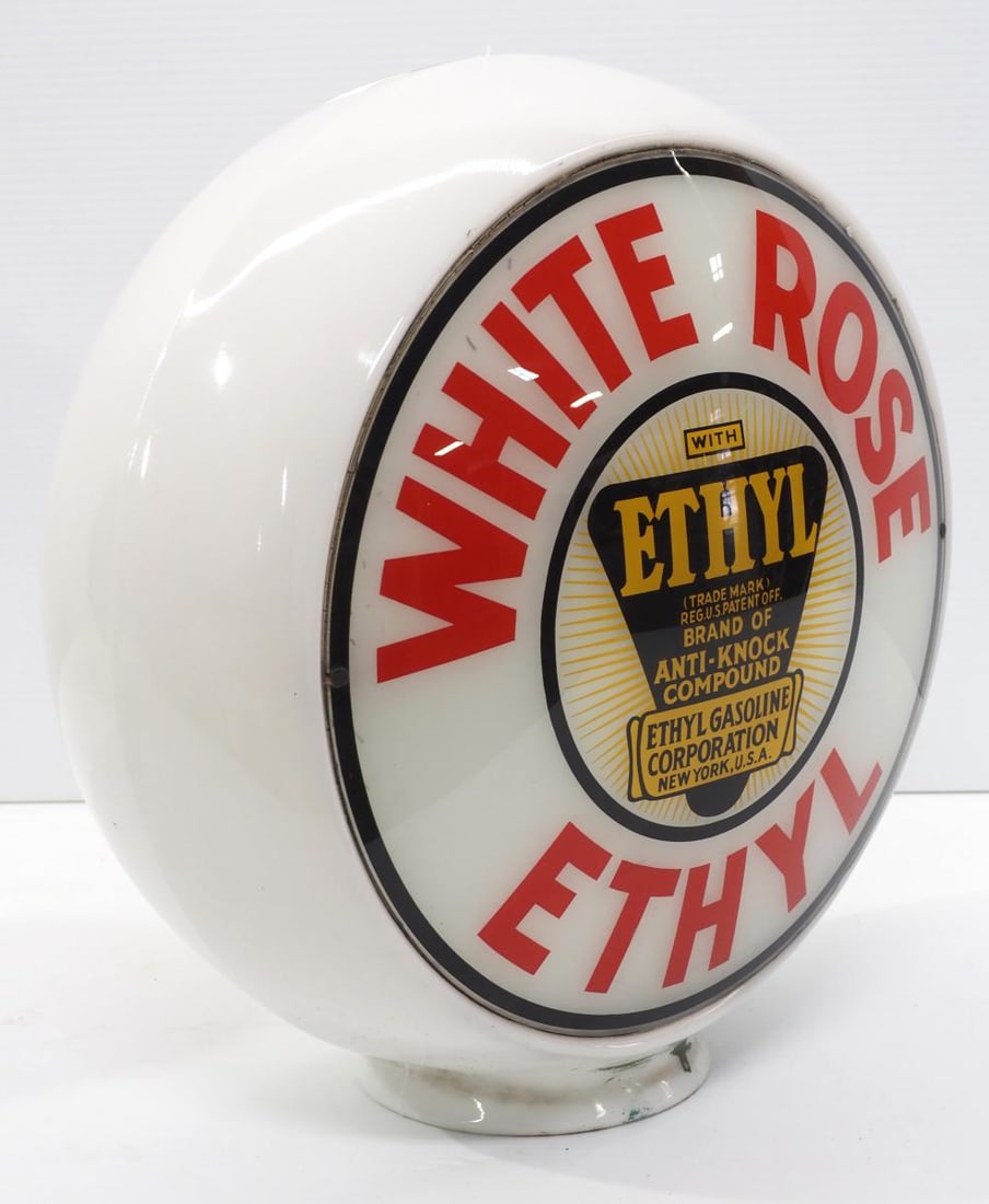 (2) White Rose Ethyl gas pump globe plates: (2) 13.5"dia. glass White Rose Ethyl gas pump globe plates in deep glass body - Great * * At the discretion of our in-house packing team this lot may be delivered to the UPS Store for professional pac