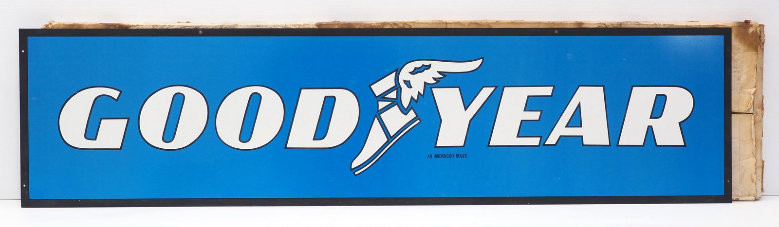 NOS Goodyear service station sign: NOS 48"x12" DST Goodyear service station sign in original cardboard box