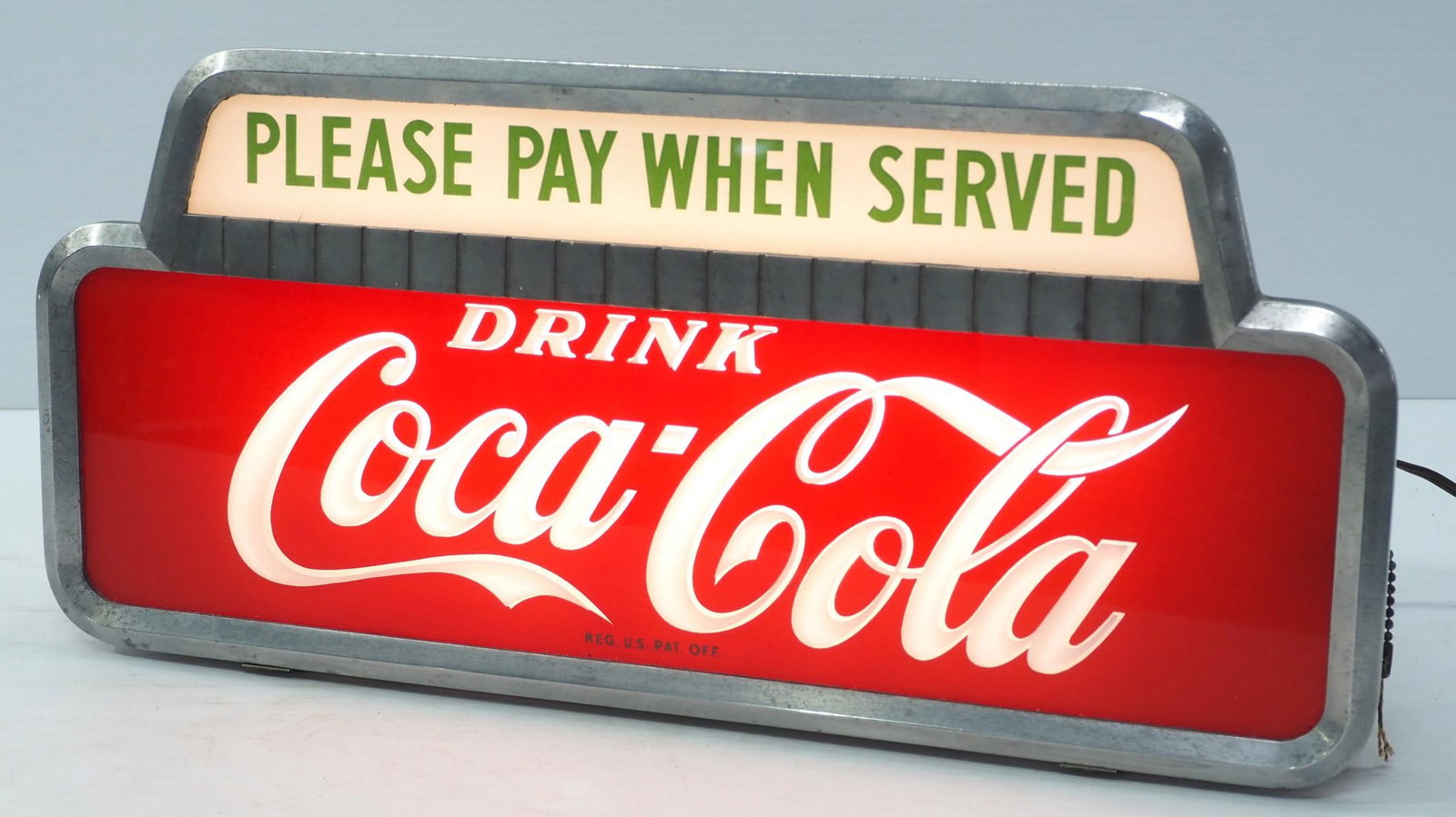 Drink Coca Cola lighted sign: 19.5"x9" metal Drink Coca Cola "Please Pay When Served" lighted sign - Excellent, works!