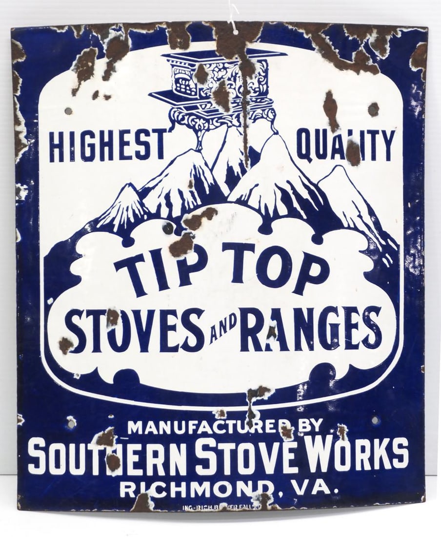 Tip Top Stoves & Ranges sign: 16"x18" SSP convex Tip Top Stoves & Ranges sign, marked Ingram-Richardson - Rough