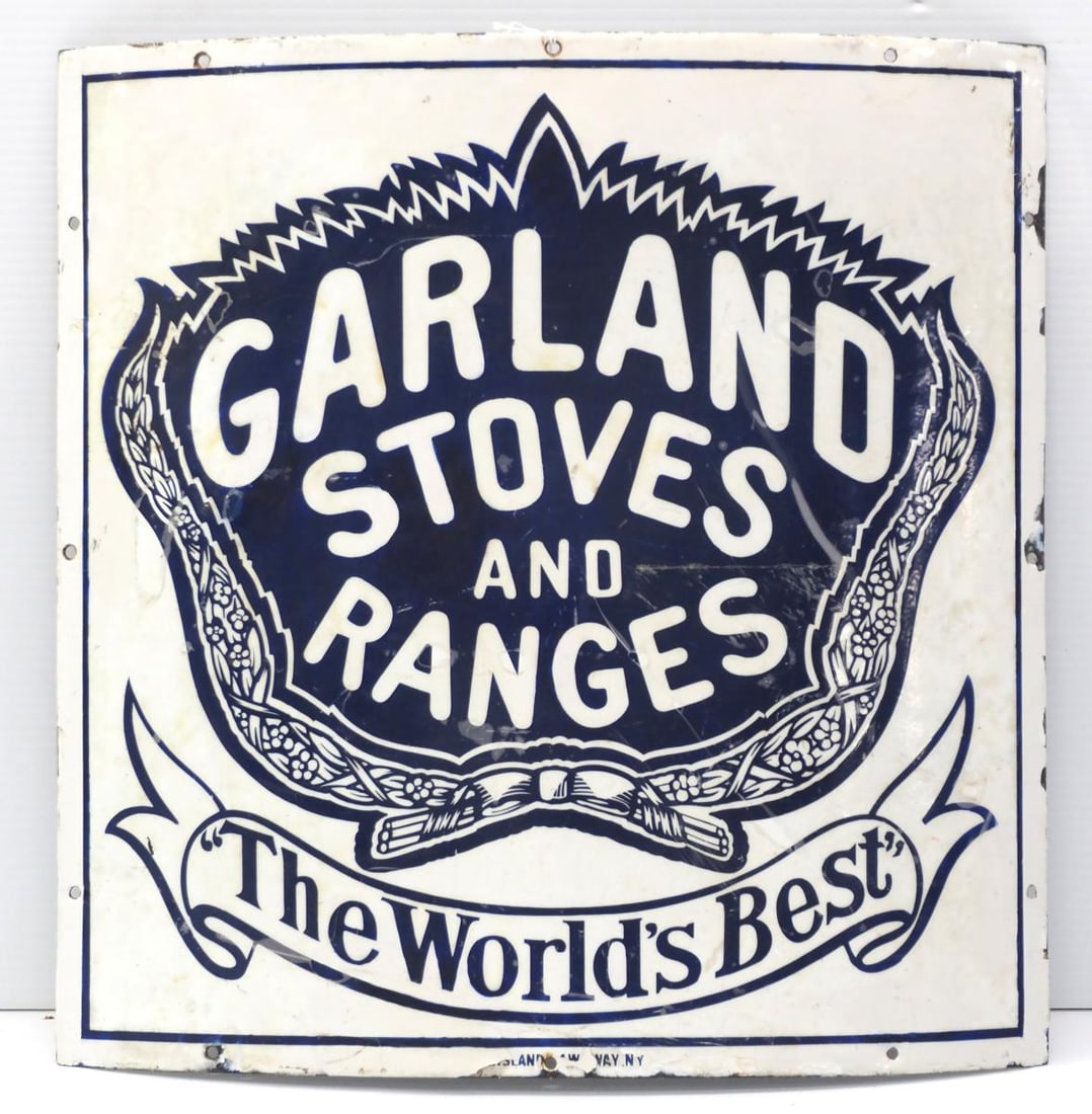 Garland Stoves and Ranges sign: 18"x18" SSP convex Garland Stoves and Ranges sign - Rough with some sort of coating