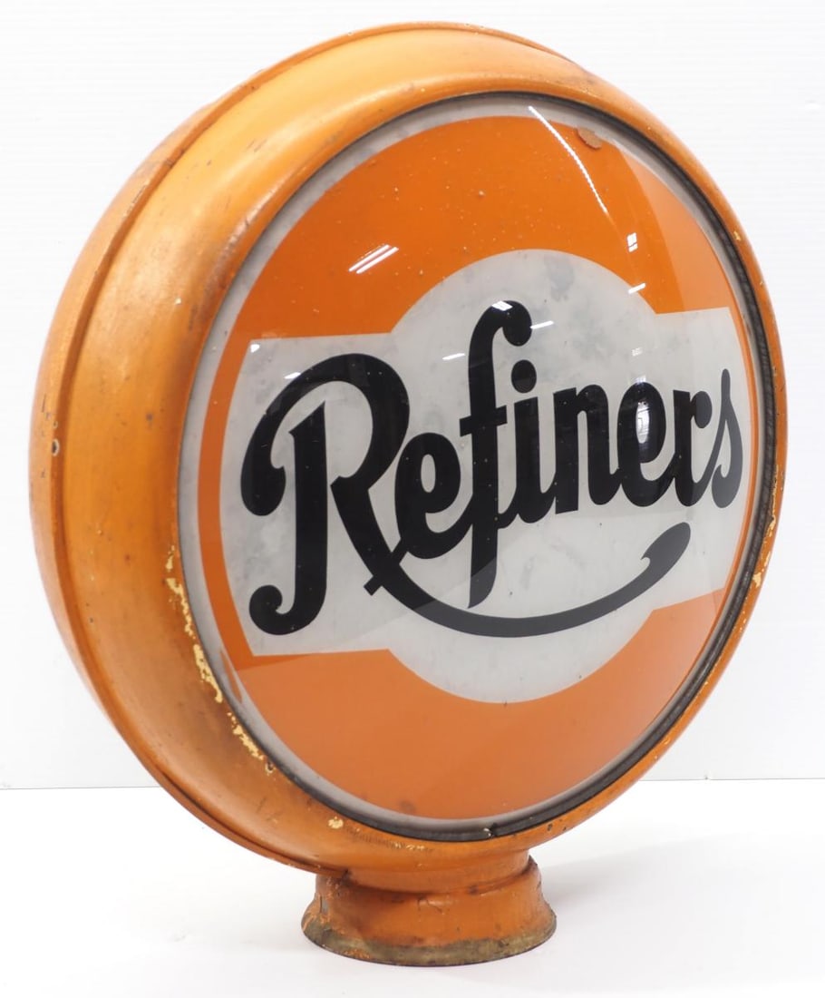 (2) Refiners gas pump globe plates: (2) 16"dia. glass Refiners gas pump globe plates in metal body - Good with some paint splatter * * At the discretion of our in-house packing team this lot may be delivered to the UPS Store for profess