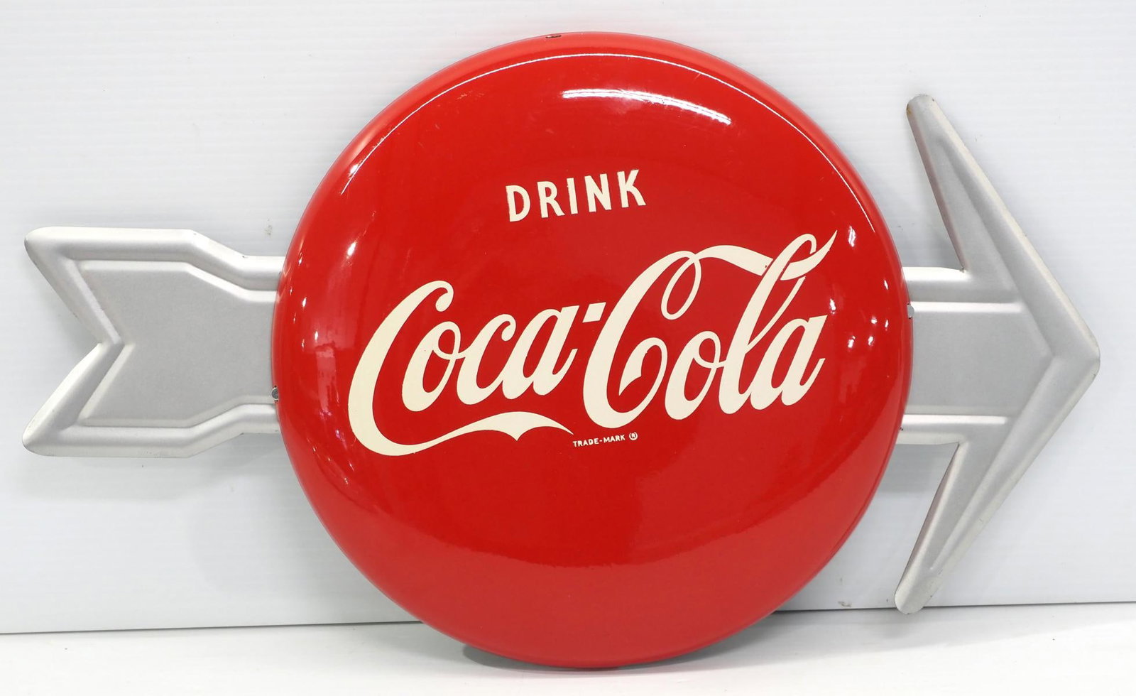 Drink Coca Cola button-arrow sign: 20"x12" SST Drink Coca Cola button-arrow sign, dated 7-50 - Excellent