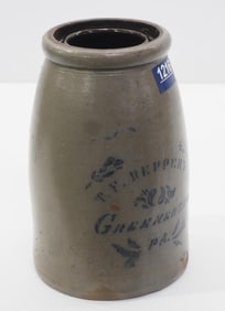 Iron stone blue decorated crock jar