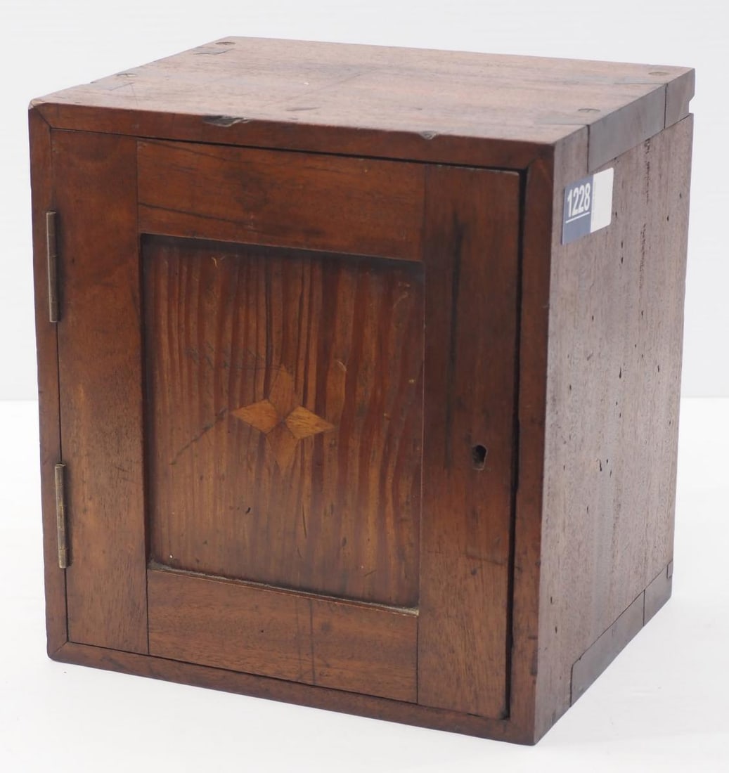 Early wooden 1-door cupboard: Early wooden 1-door cupboard with inlaid door and beautiful large dovetailed edges, 10"x8"x11"H