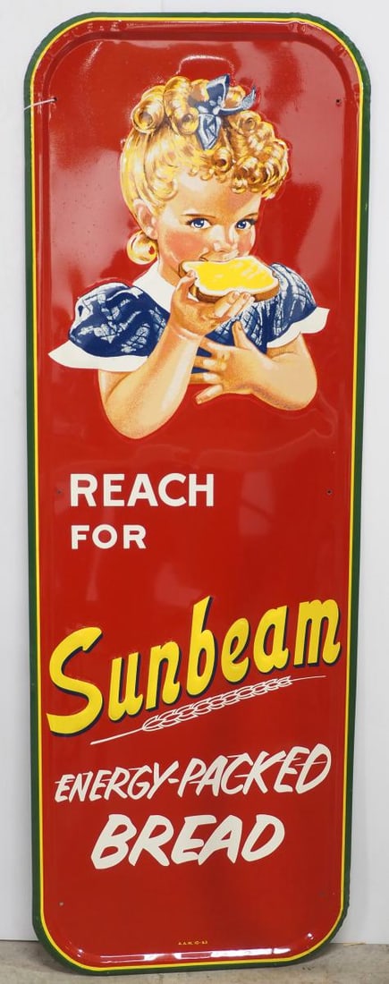 WOW! Sunbeam Energy-Packed Bread sign: WOW! 19"x55" SST embossed Sunbeam Energy-Packed Bread self-framed sign, marked AAW 10-53 - Excellent