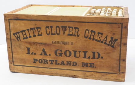 NOS bottles of White Clover Cream & crate