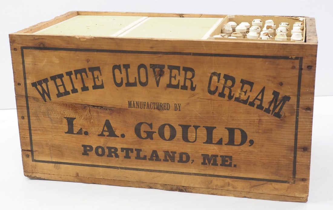 NOS bottles of White Clover Cream & crate: Wood crate of NOS bottles of White Clover Cream by L.A. Gould of Portland, Maine, crate measures 11.5"x21"x11"H with approx. 144 bottles!! - Great